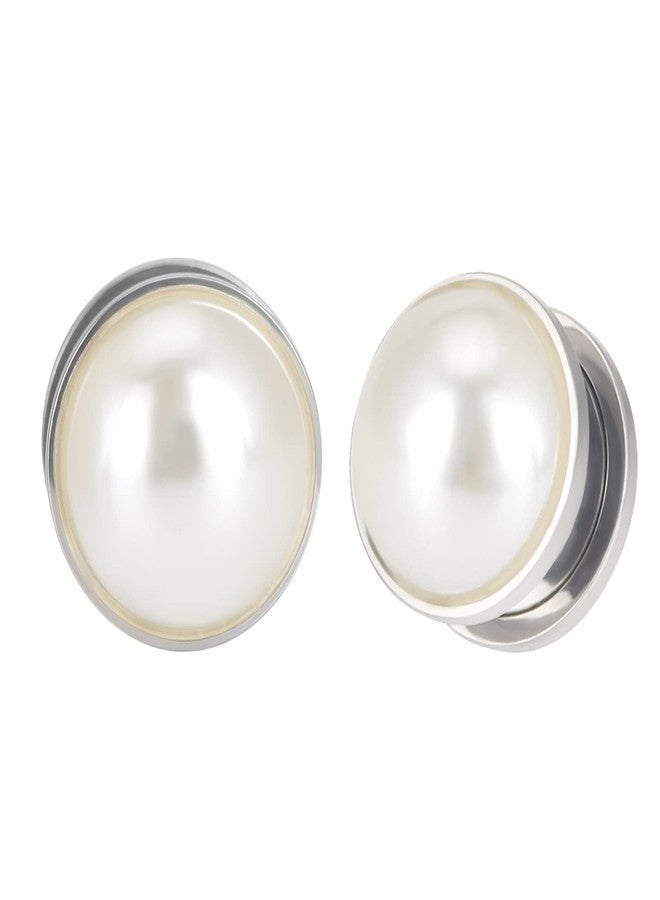 Qmcandy 2pcs Stainless Steel Pearl Ear Tunnels Double Flared Screw Plugs Piercing Gauges 0G, Silver - Image 1